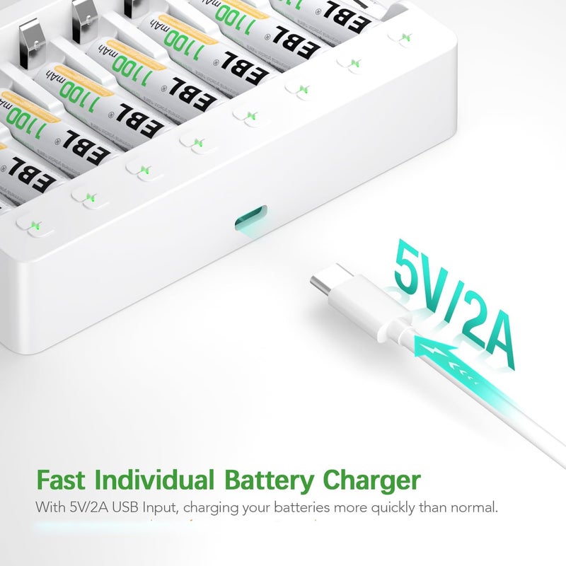EBL 8 Bay AA AAA Battery Charger for NiMH NiCD Rechargeable Batteries,USB High-Speed Charging, Independent Slot, Smart Charge and Extend Battery Life - Image 5
